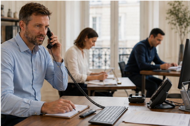Un conseiller OKDOM au téléphone dans le bureau parisien, avec l'équipe au travail
