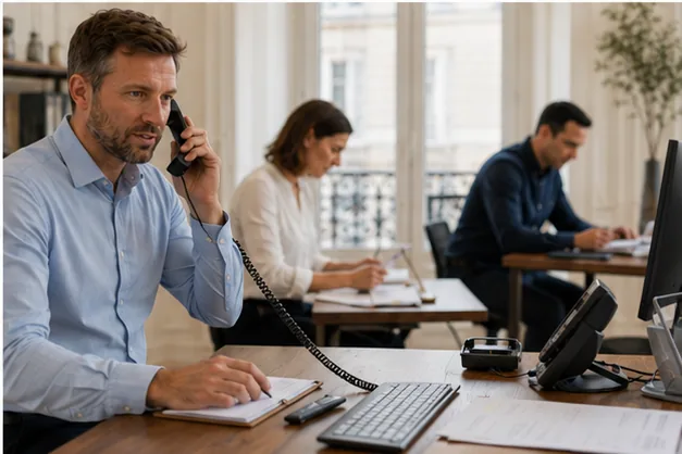 Un conseiller OKDOM au téléphone dans le bureau parisien, avec l'équipe au travail